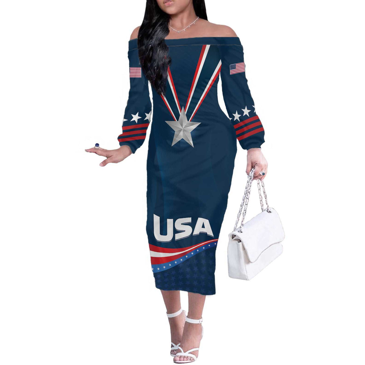 Custom USA Star Medal Off The Shoulder Long Sleeve Dress United States of America Champion - Wonder Print Shop