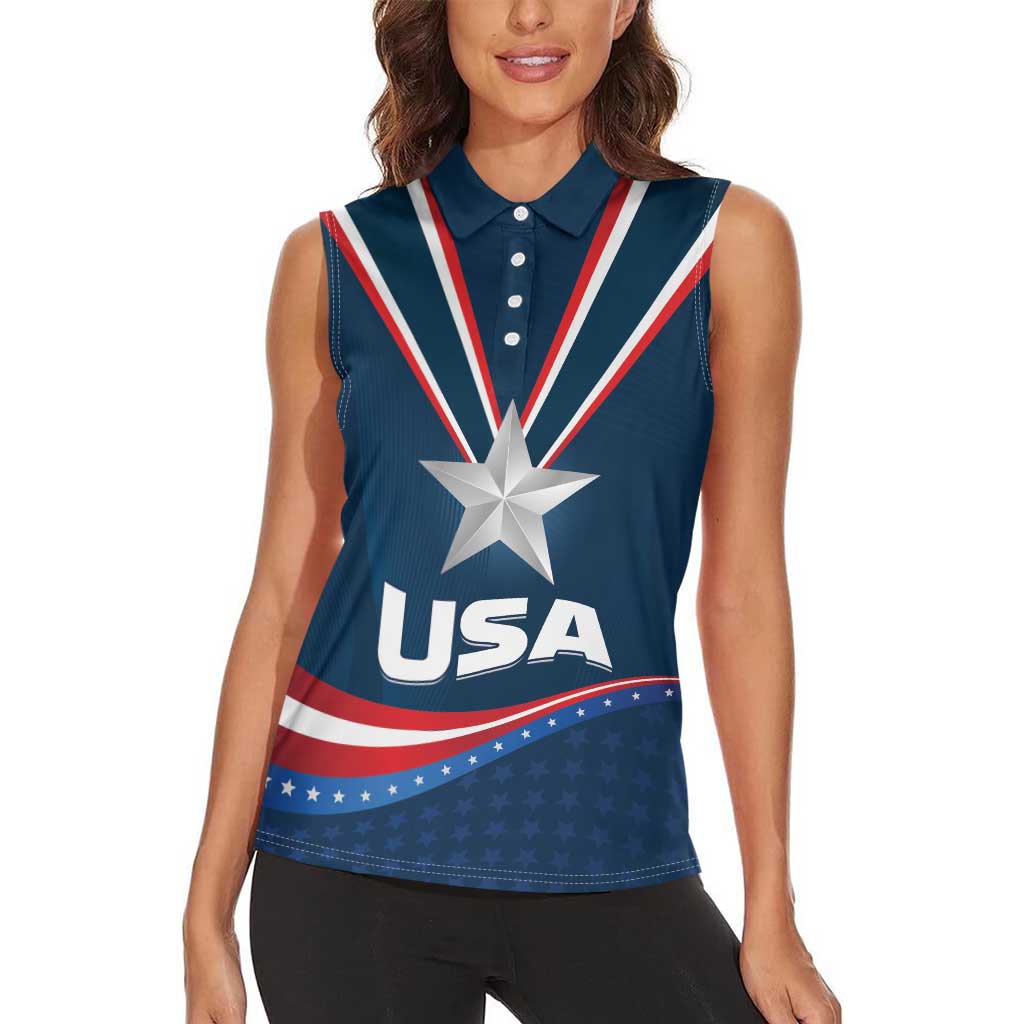 Custom USA Star Medal Women Sleeveless Polo Shirt United States of America Champion - Wonder Print Shop