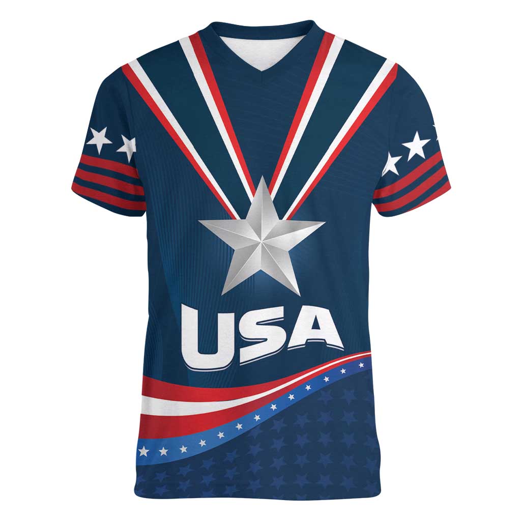 Custom USA Star Medal Women V-Neck T-Shirt United States of America Champion - Wonder Print Shop