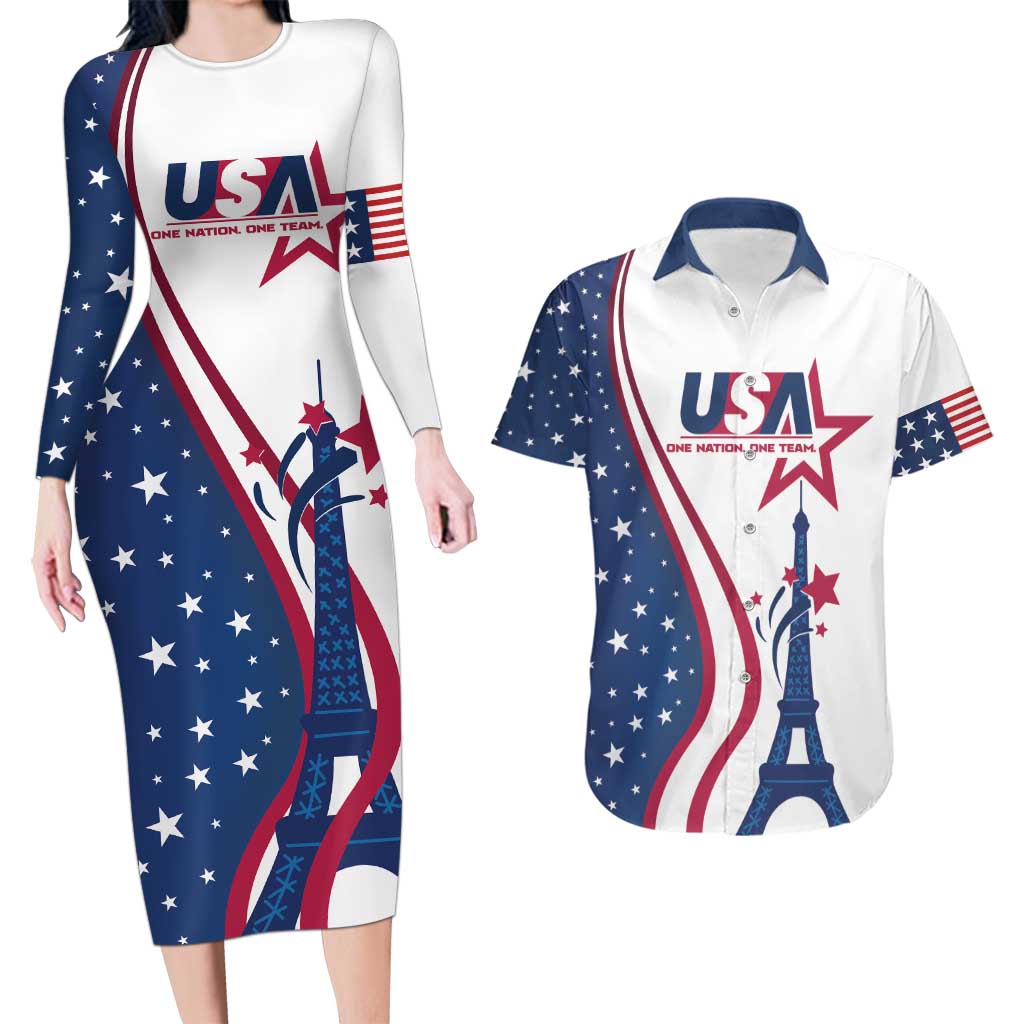 Custom USA Eiffel Tower Couples Matching Long Sleeve Bodycon Dress and Hawaiian Shirt One Nation One Team - Wonder Print Shop