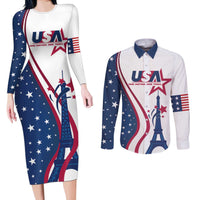 Custom USA Eiffel Tower Couples Matching Long Sleeve Bodycon Dress and Long Sleeve Button Shirt One Nation One Team - Wonder Print Shop