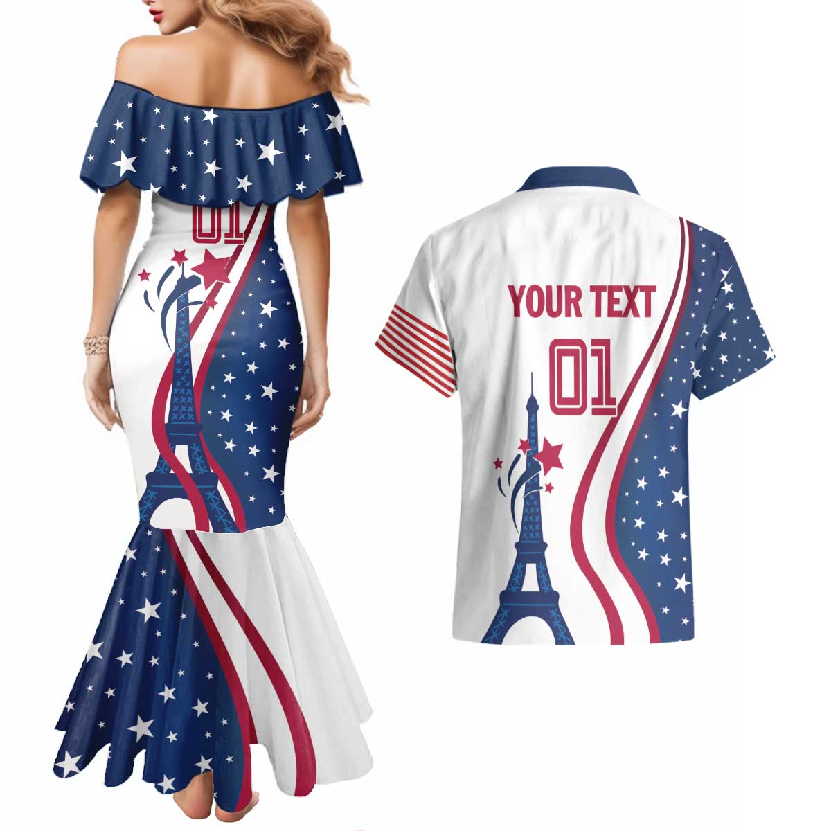 Custom USA Eiffel Tower Couples Matching Mermaid Dress and Hawaiian Shirt One Nation One Team - Wonder Print Shop