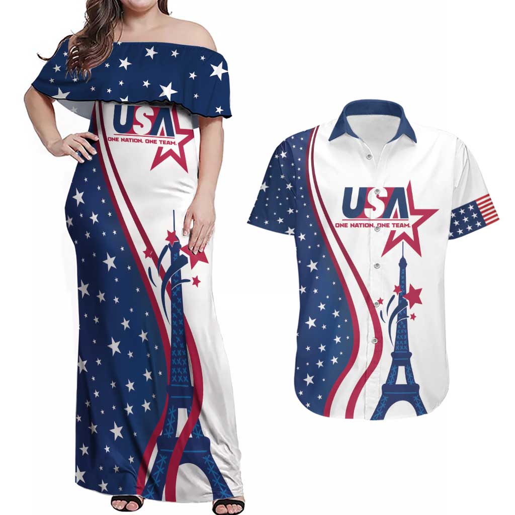 Custom USA Eiffel Tower Couples Matching Off Shoulder Maxi Dress and Hawaiian Shirt One Nation One Team - Wonder Print Shop