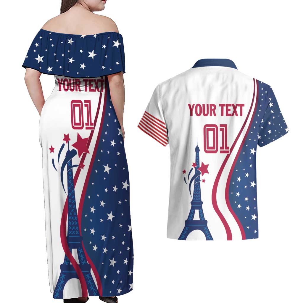 Custom USA Eiffel Tower Couples Matching Off Shoulder Maxi Dress and Hawaiian Shirt One Nation One Team - Wonder Print Shop