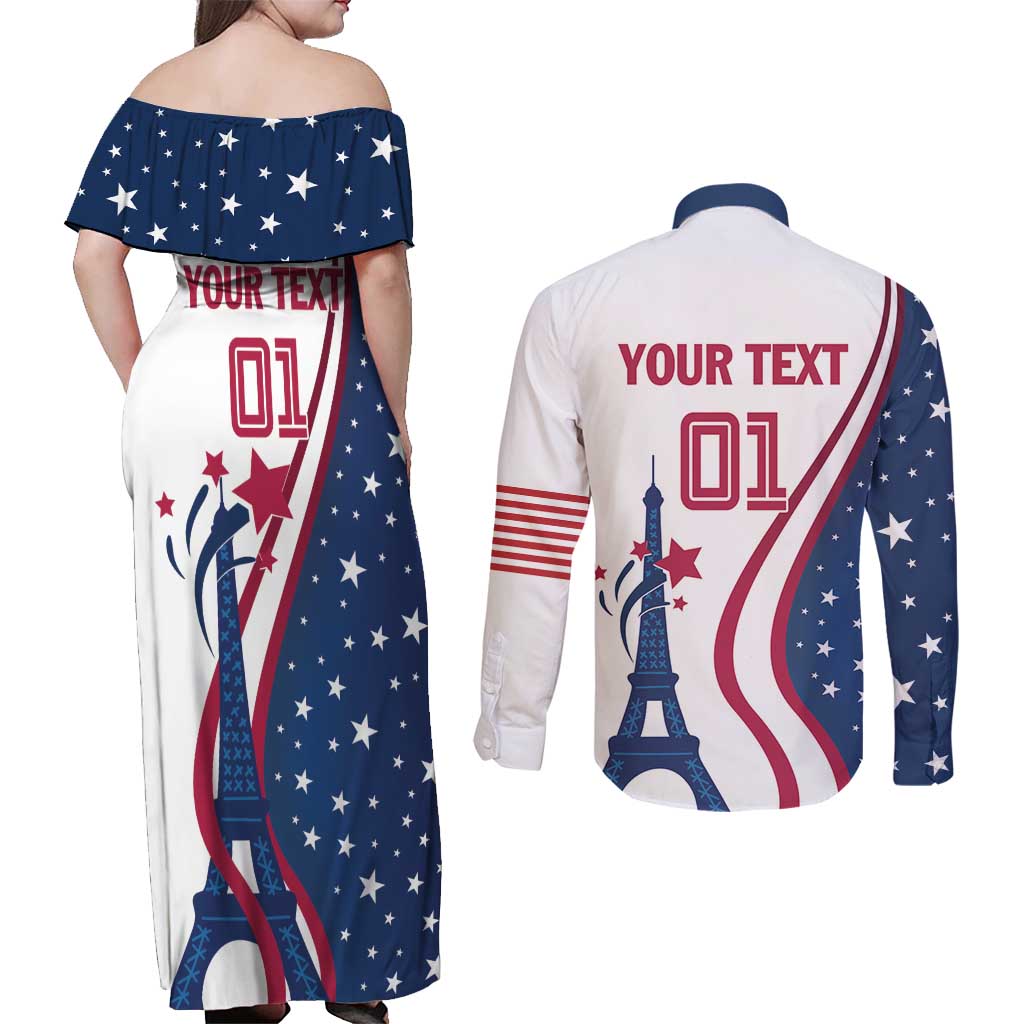 Custom USA Eiffel Tower Couples Matching Off Shoulder Maxi Dress and Long Sleeve Button Shirt One Nation One Team - Wonder Print Shop