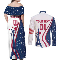 Custom USA Eiffel Tower Couples Matching Off Shoulder Maxi Dress and Long Sleeve Button Shirt One Nation One Team - Wonder Print Shop