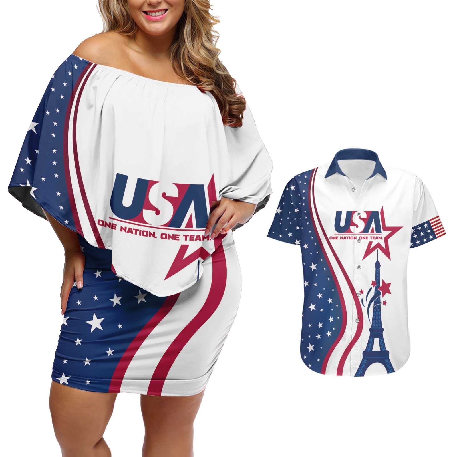 Custom USA Eiffel Tower Couples Matching Off Shoulder Short Dress and Hawaiian Shirt One Nation One Team - Wonder Print Shop
