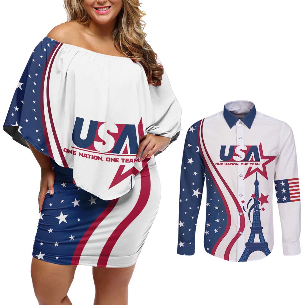 Custom USA Eiffel Tower Couples Matching Off Shoulder Short Dress and Long Sleeve Button Shirt One Nation One Team - Wonder Print Shop