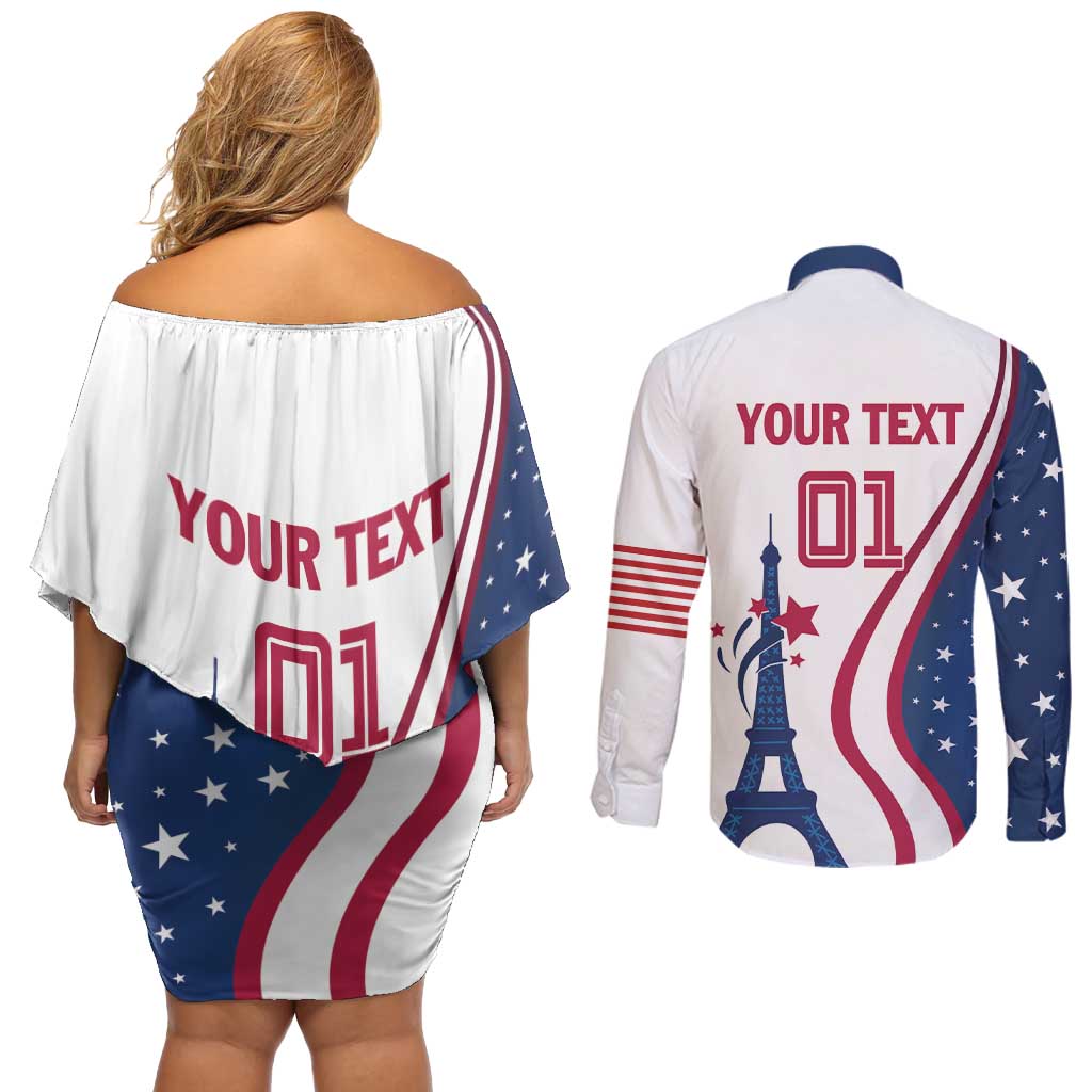 Custom USA Eiffel Tower Couples Matching Off Shoulder Short Dress and Long Sleeve Button Shirt One Nation One Team - Wonder Print Shop