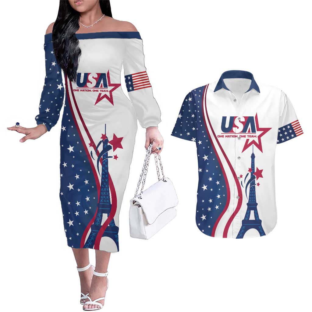 Custom USA Eiffel Tower Couples Matching Off The Shoulder Long Sleeve Dress and Hawaiian Shirt One Nation One Team - Wonder Print Shop