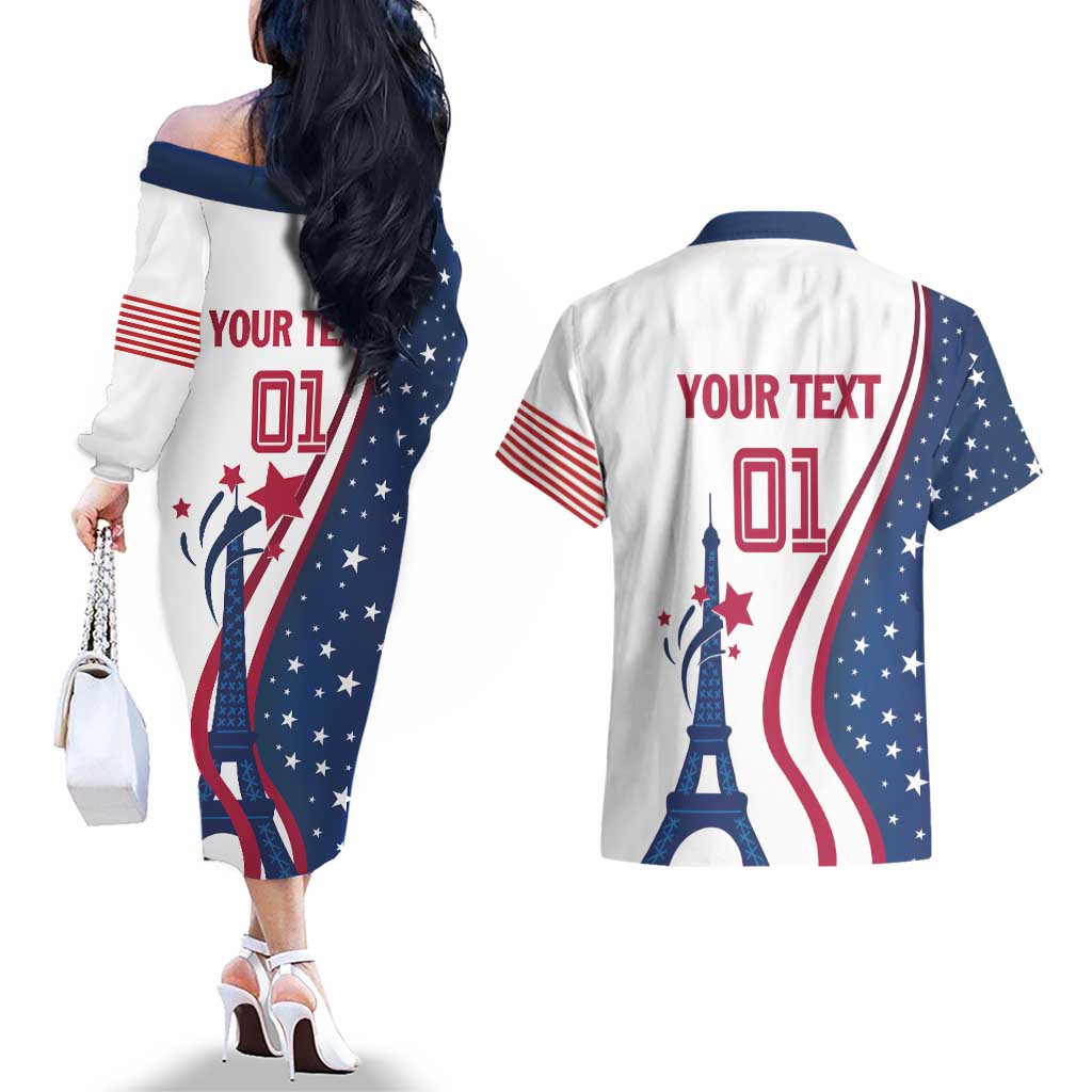 Custom USA Eiffel Tower Couples Matching Off The Shoulder Long Sleeve Dress and Hawaiian Shirt One Nation One Team - Wonder Print Shop