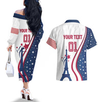Custom USA Eiffel Tower Couples Matching Off The Shoulder Long Sleeve Dress and Hawaiian Shirt One Nation One Team - Wonder Print Shop