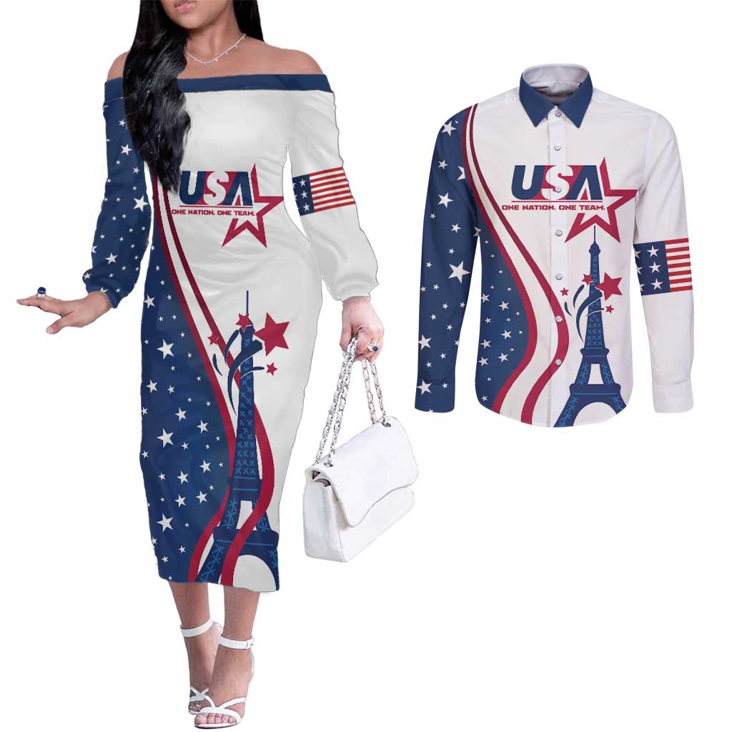 Custom USA Eiffel Tower Couples Matching Off The Shoulder Long Sleeve Dress and Long Sleeve Button Shirt One Nation One Team