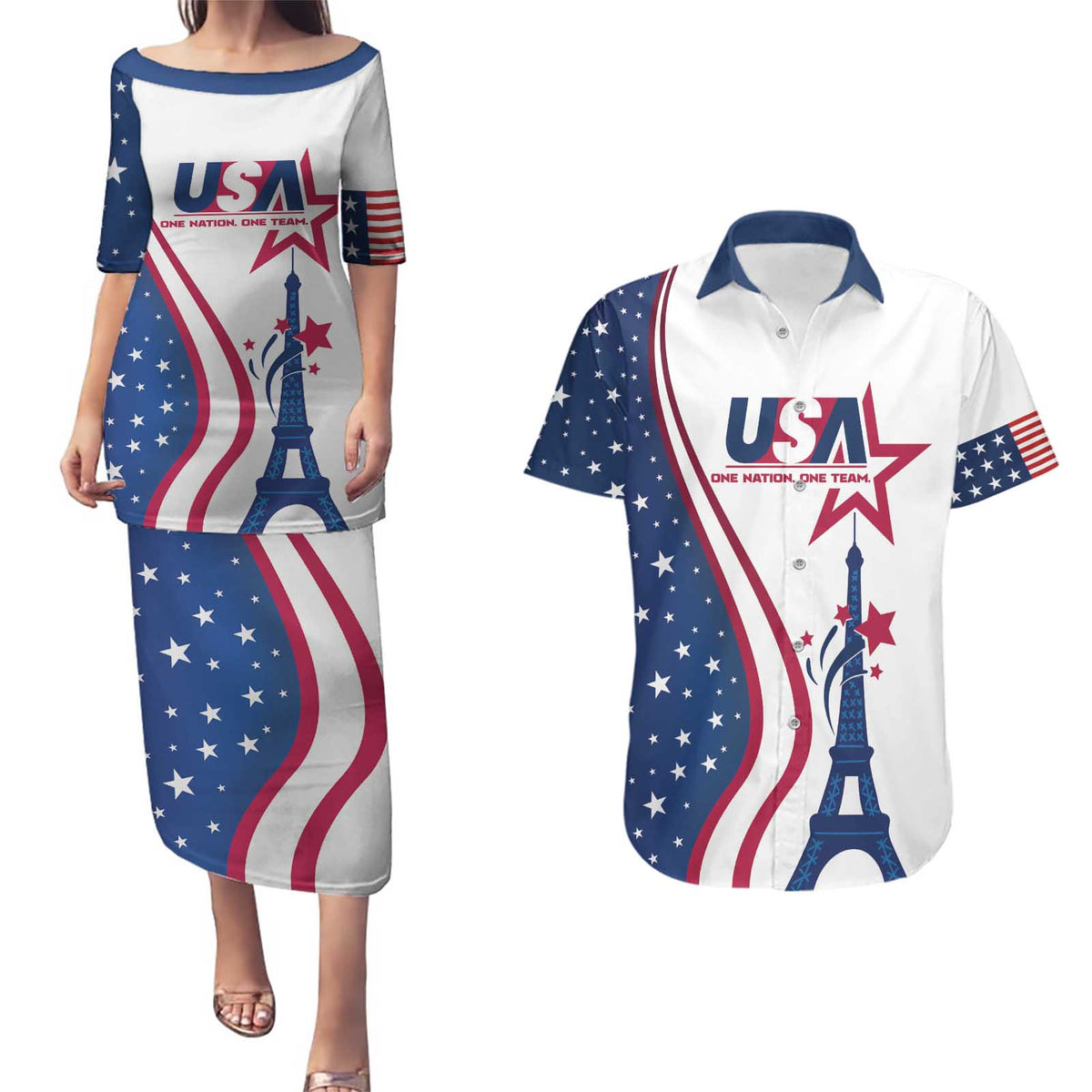 Custom USA Eiffel Tower Couples Matching Puletasi and Hawaiian Shirt One Nation One Team - Wonder Print Shop
