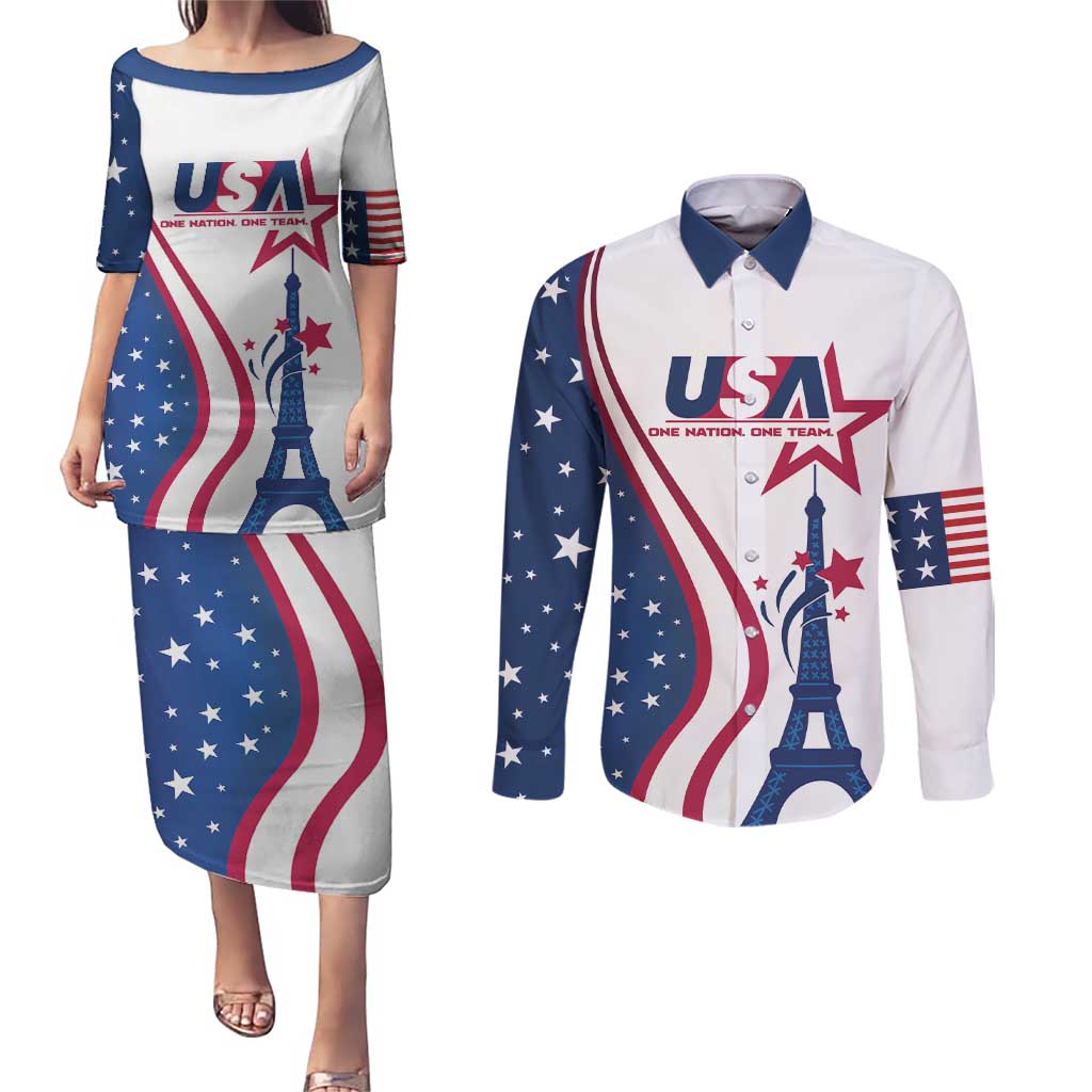Custom USA Eiffel Tower Couples Matching Puletasi and Long Sleeve Button Shirt One Nation One Team - Wonder Print Shop