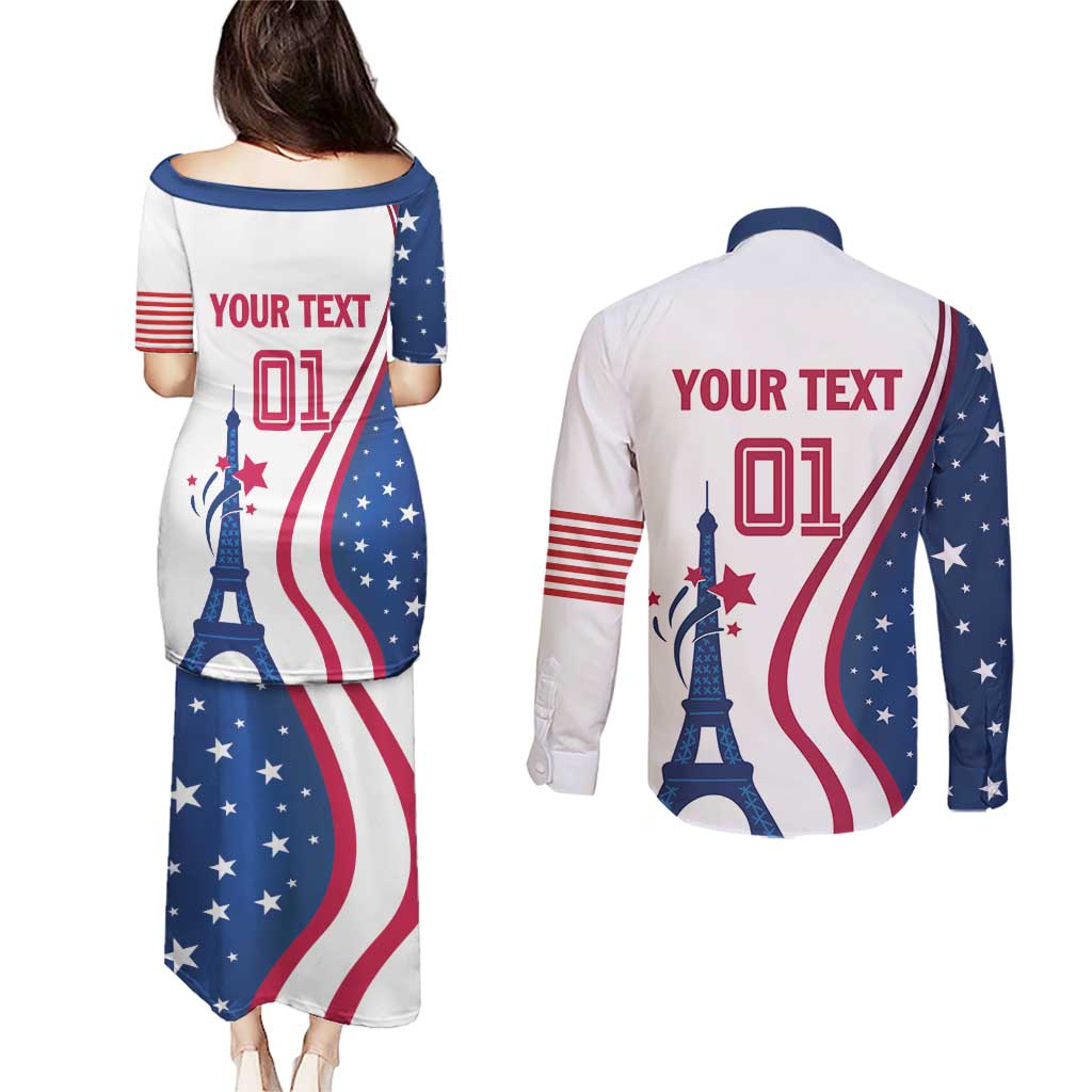 Custom USA Eiffel Tower Couples Matching Puletasi and Long Sleeve Button Shirt One Nation One Team - Wonder Print Shop