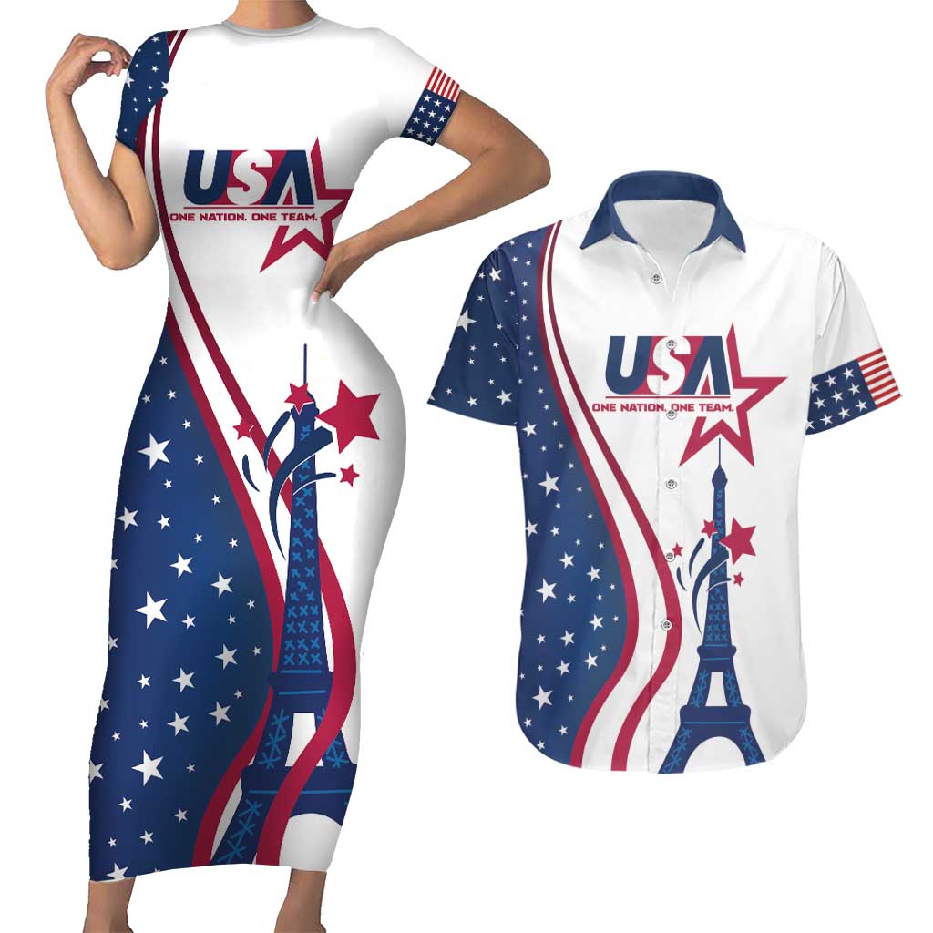 Custom USA Eiffel Tower Couples Matching Short Sleeve Bodycon Dress and Hawaiian Shirt One Nation One Team - Wonder Print Shop