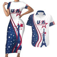 Custom USA Eiffel Tower Couples Matching Short Sleeve Bodycon Dress and Hawaiian Shirt One Nation One Team - Wonder Print Shop