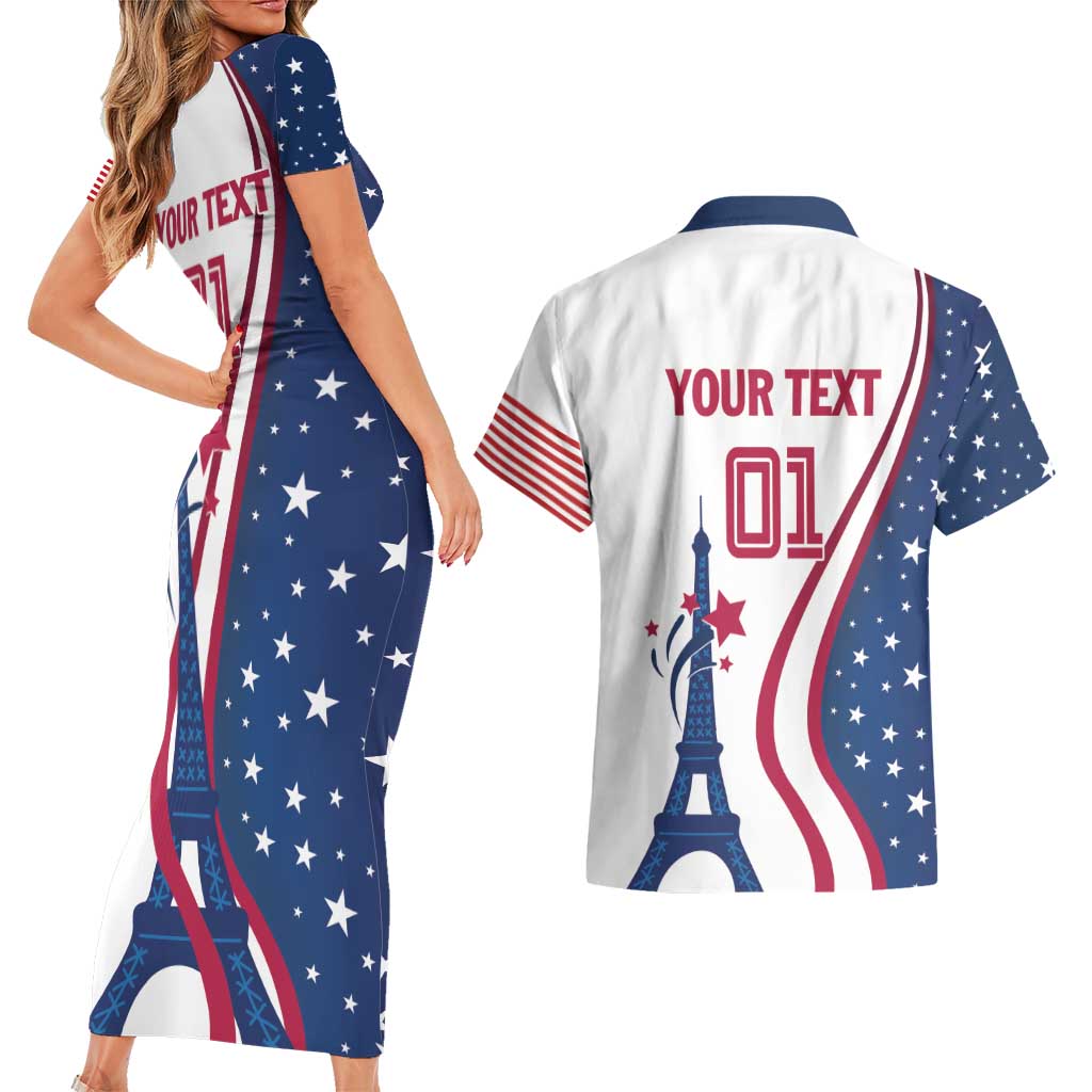 Custom USA Eiffel Tower Couples Matching Short Sleeve Bodycon Dress and Hawaiian Shirt One Nation One Team - Wonder Print Shop