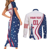 Custom USA Eiffel Tower Couples Matching Short Sleeve Bodycon Dress and Long Sleeve Button Shirt One Nation One Team - Wonder Print Shop