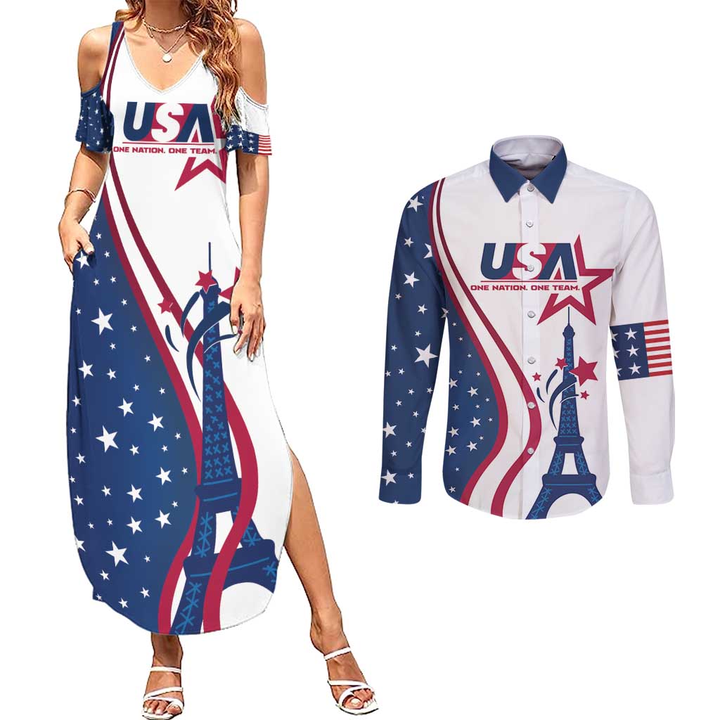 Custom USA Eiffel Tower Couples Matching Summer Maxi Dress and Long Sleeve Button Shirt One Nation One Team - Wonder Print Shop