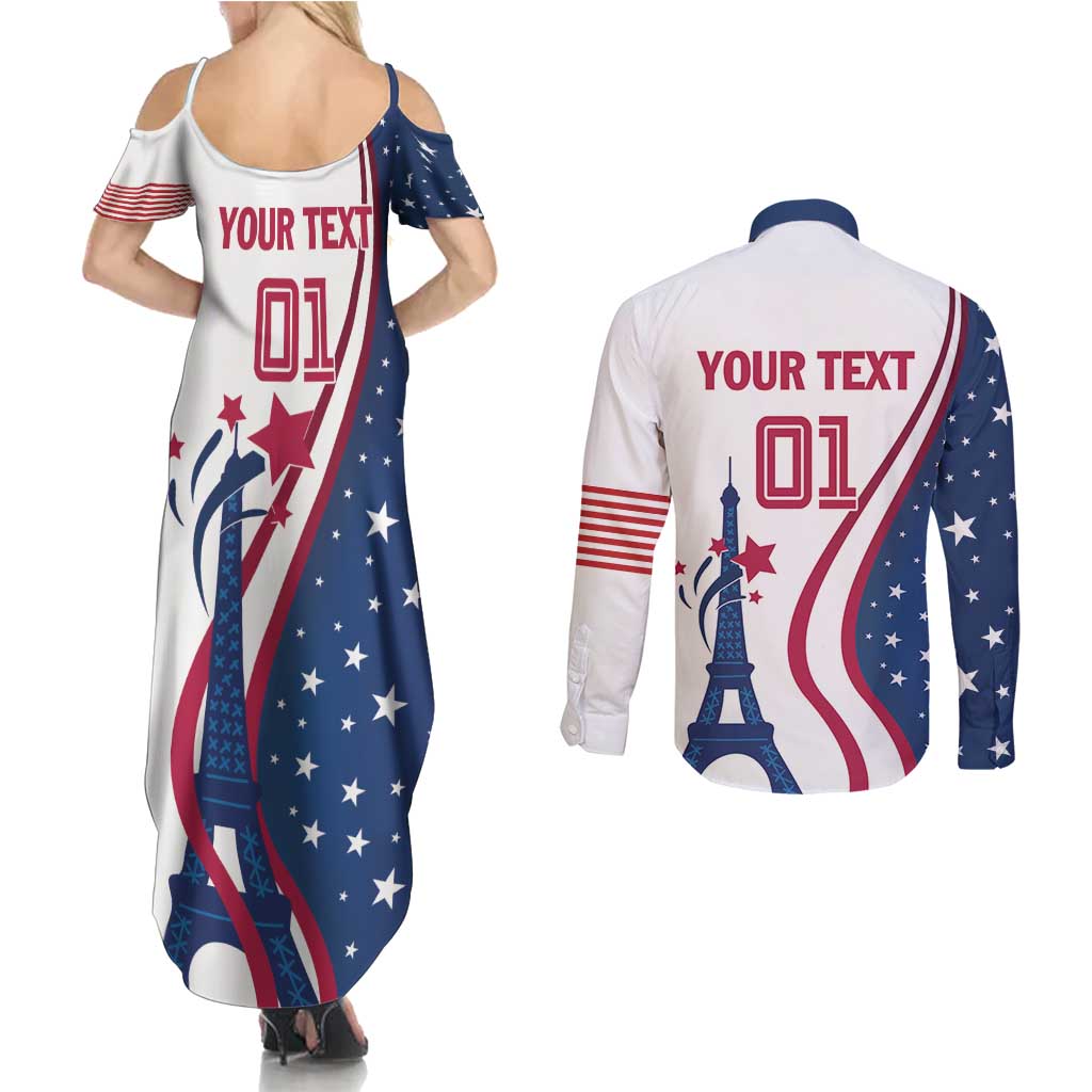 Custom USA Eiffel Tower Couples Matching Summer Maxi Dress and Long Sleeve Button Shirt One Nation One Team - Wonder Print Shop