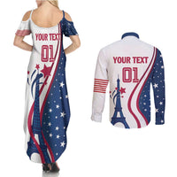 Custom USA Eiffel Tower Couples Matching Summer Maxi Dress and Long Sleeve Button Shirt One Nation One Team - Wonder Print Shop
