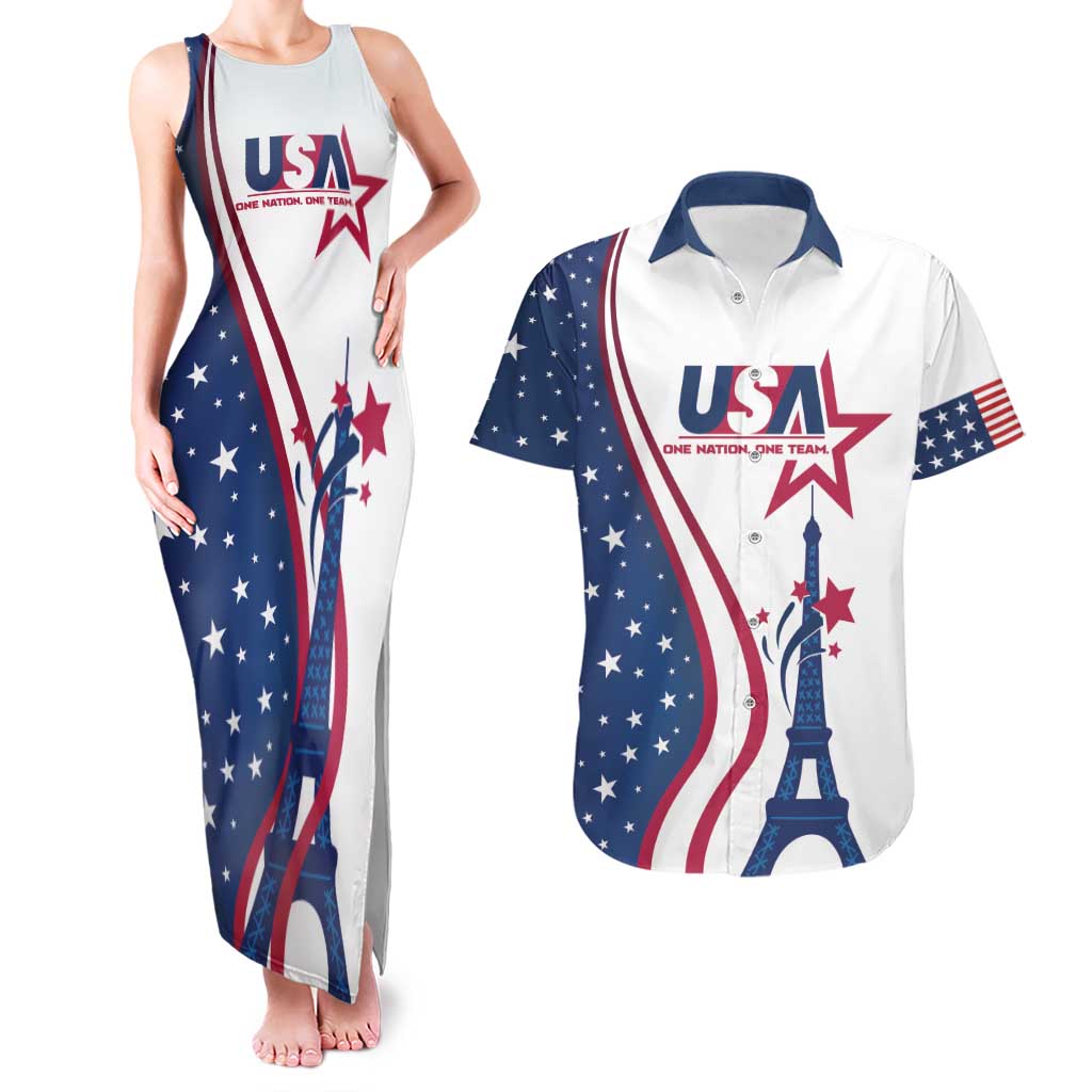 Custom USA Eiffel Tower Couples Matching Tank Maxi Dress and Hawaiian Shirt One Nation One Team - Wonder Print Shop