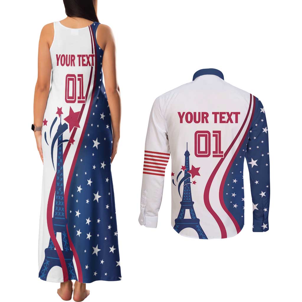 Custom USA Eiffel Tower Couples Matching Tank Maxi Dress and Long Sleeve Button Shirt One Nation One Team - Wonder Print Shop