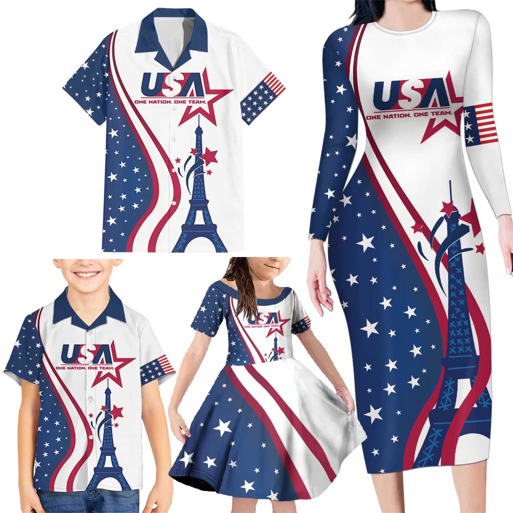 Custom USA Eiffel Tower Family Matching Long Sleeve Bodycon Dress and Hawaiian Shirt One Nation One Team - Wonder Print Shop