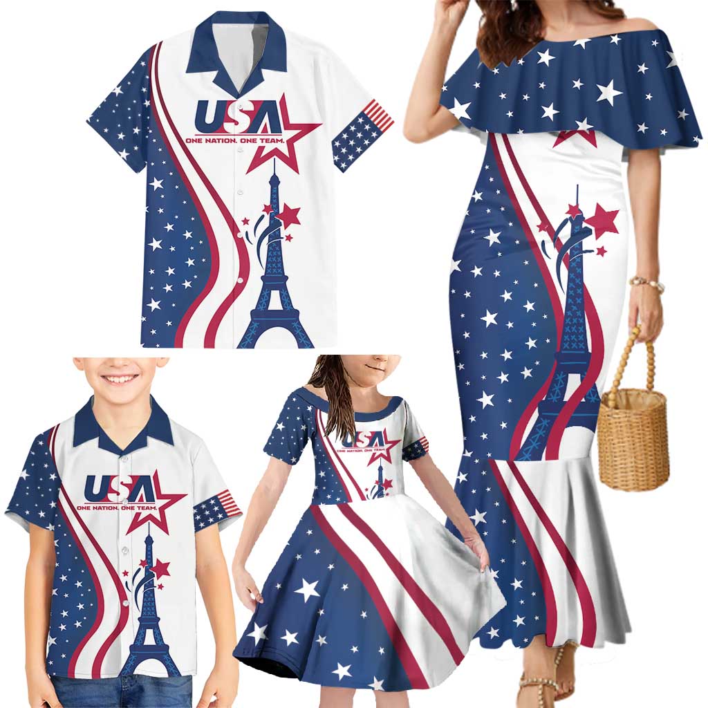 Custom USA Eiffel Tower Family Matching Mermaid Dress and Hawaiian Shirt One Nation One Team - Wonder Print Shop