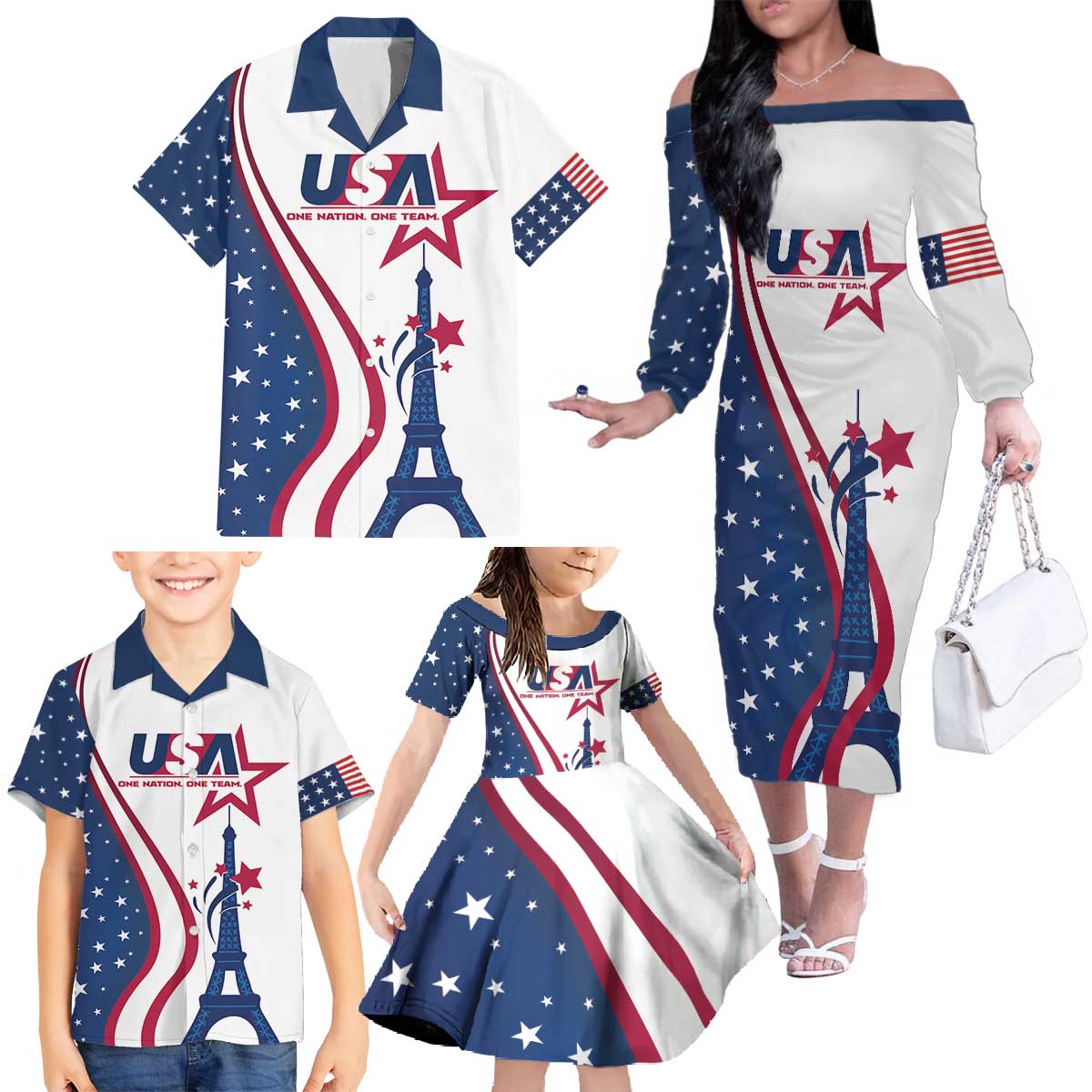 Custom USA Eiffel Tower Family Matching Off The Shoulder Long Sleeve Dress and Hawaiian Shirt One Nation One Team - Wonder Print Shop