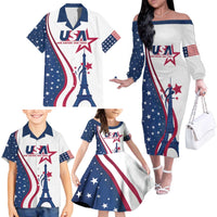 Custom USA Eiffel Tower Family Matching Off The Shoulder Long Sleeve Dress and Hawaiian Shirt One Nation One Team - Wonder Print Shop