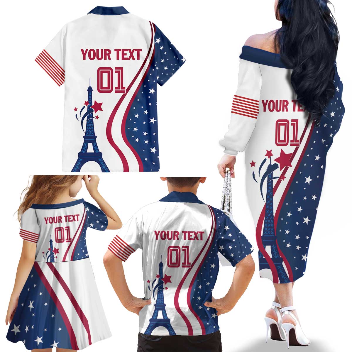 Custom USA Eiffel Tower Family Matching Off The Shoulder Long Sleeve Dress and Hawaiian Shirt One Nation One Team - Wonder Print Shop