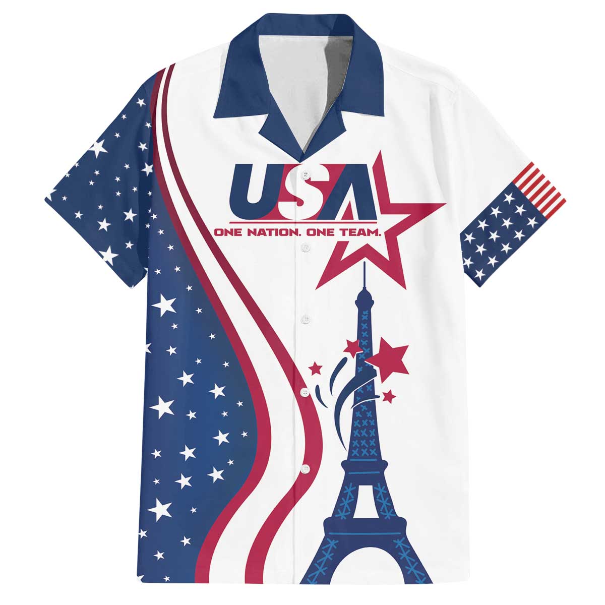 Custom USA Eiffel Tower Family Matching Off The Shoulder Long Sleeve Dress and Hawaiian Shirt One Nation One Team - Wonder Print Shop