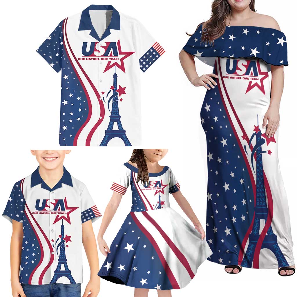 Custom USA Eiffel Tower Family Matching Off Shoulder Maxi Dress and Hawaiian Shirt One Nation One Team - Wonder Print Shop