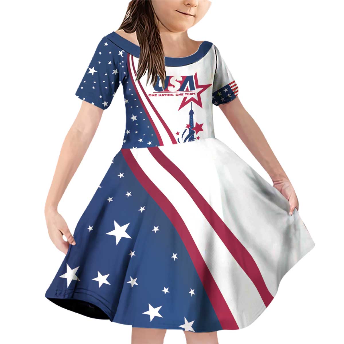 Custom USA Eiffel Tower Family Matching Off Shoulder Short Dress and Hawaiian Shirt One Nation One Team - Wonder Print Shop
