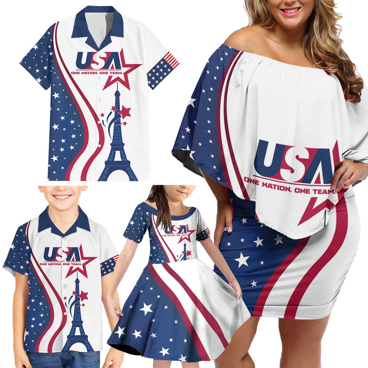 Custom USA Eiffel Tower Family Matching Off Shoulder Short Dress and Hawaiian Shirt One Nation One Team - Wonder Print Shop