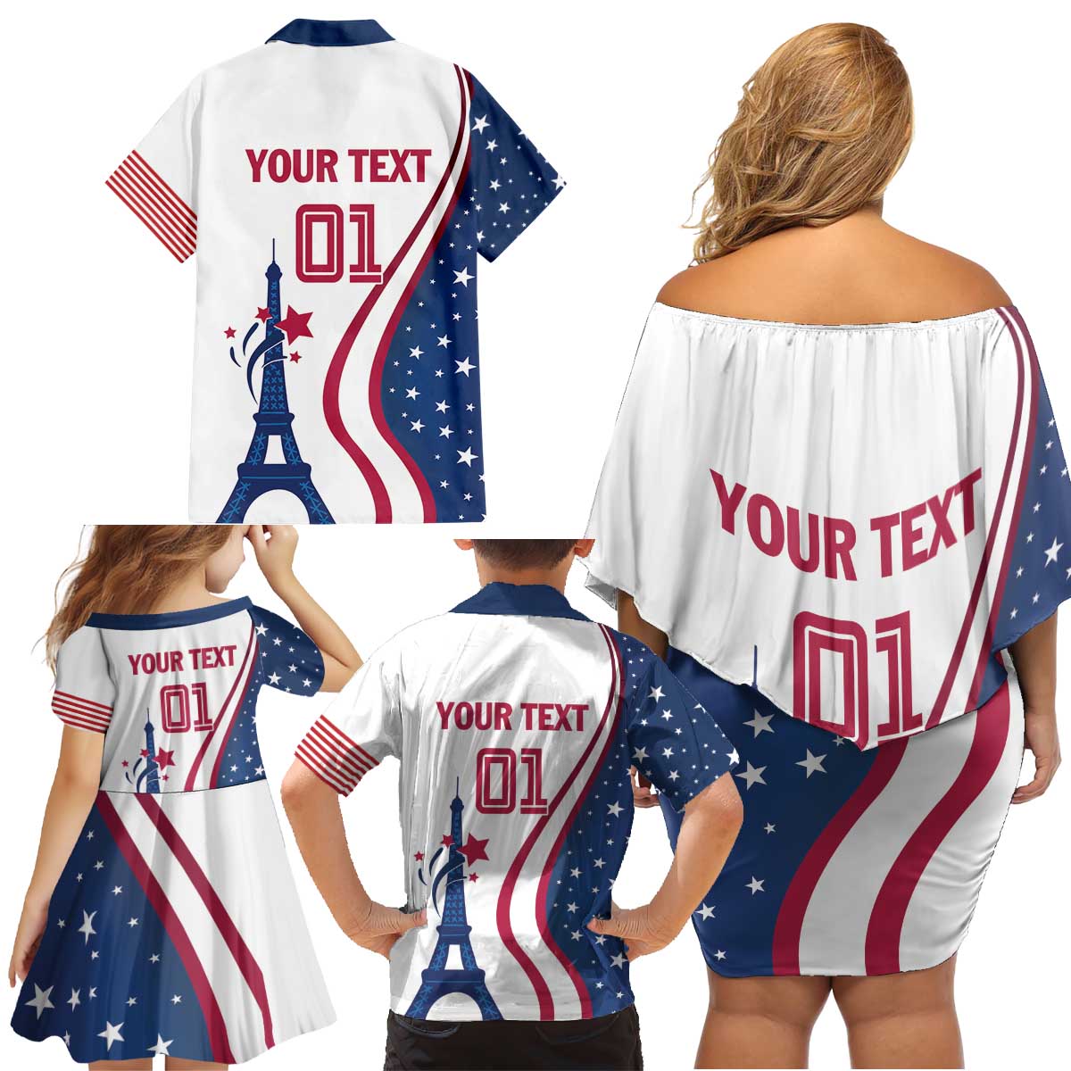 Custom USA Eiffel Tower Family Matching Off Shoulder Short Dress and Hawaiian Shirt One Nation One Team - Wonder Print Shop