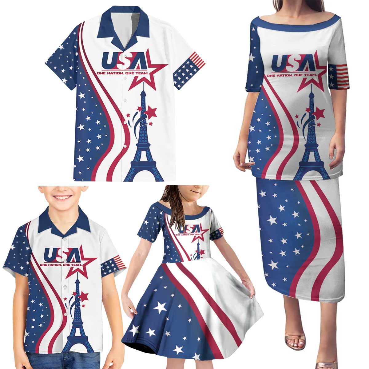 Custom USA Eiffel Tower Family Matching Puletasi and Hawaiian Shirt One Nation One Team - Wonder Print Shop