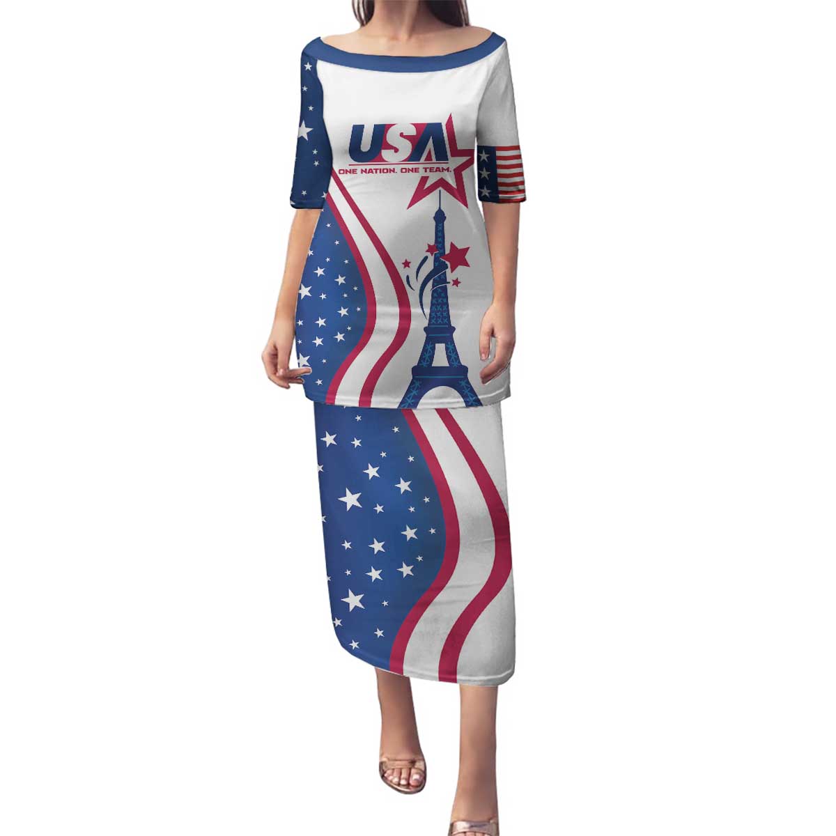 Custom USA Eiffel Tower Family Matching Puletasi and Hawaiian Shirt One Nation One Team - Wonder Print Shop