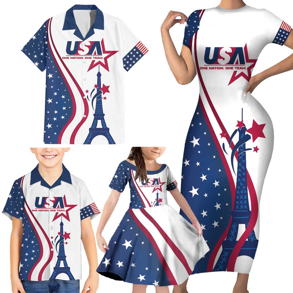 Custom USA Eiffel Tower Family Matching Short Sleeve Bodycon Dress and Hawaiian Shirt One Nation One Team - Wonder Print Shop