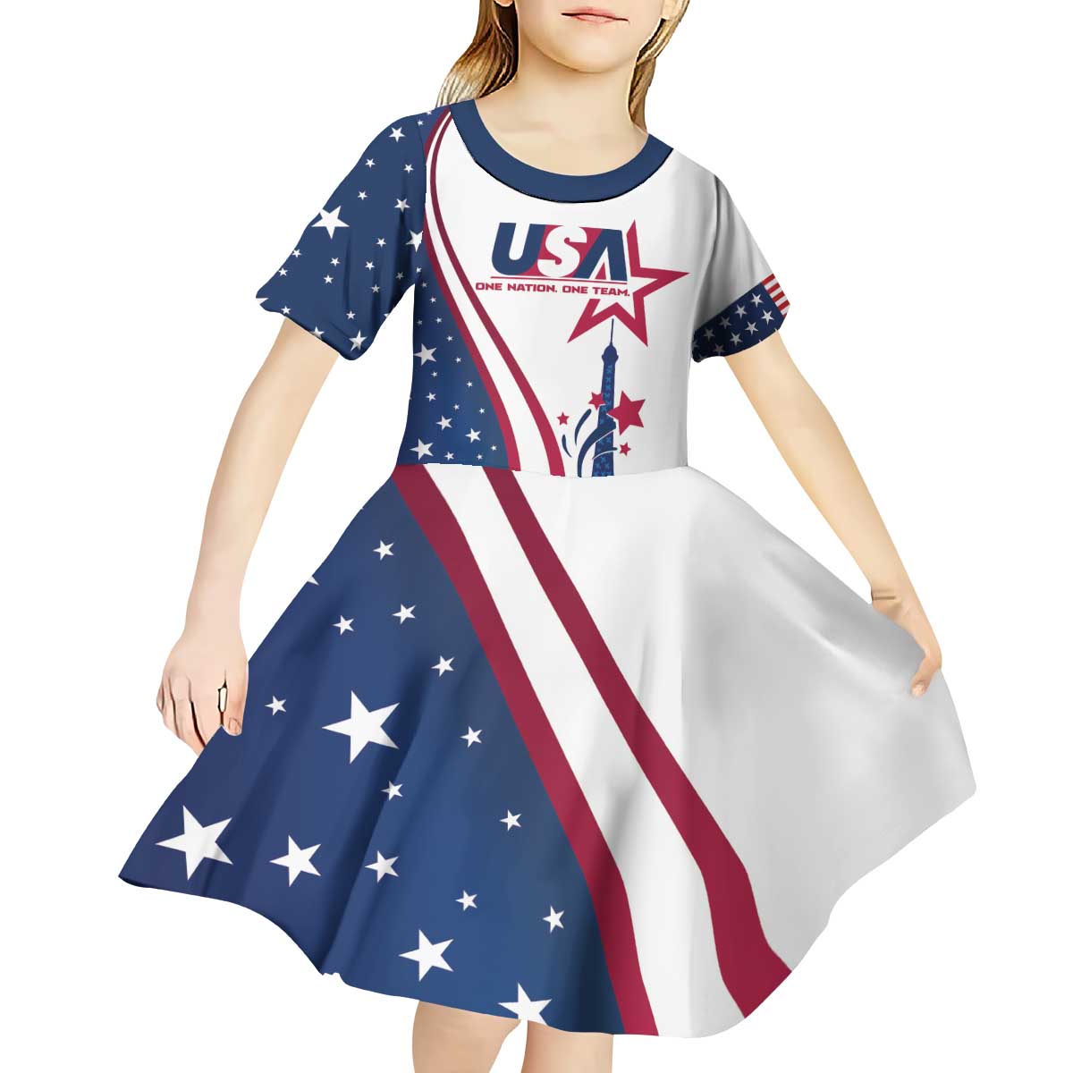 Custom USA Eiffel Tower Kid Short Sleeve Dress One Nation One Team - Wonder Print Shop