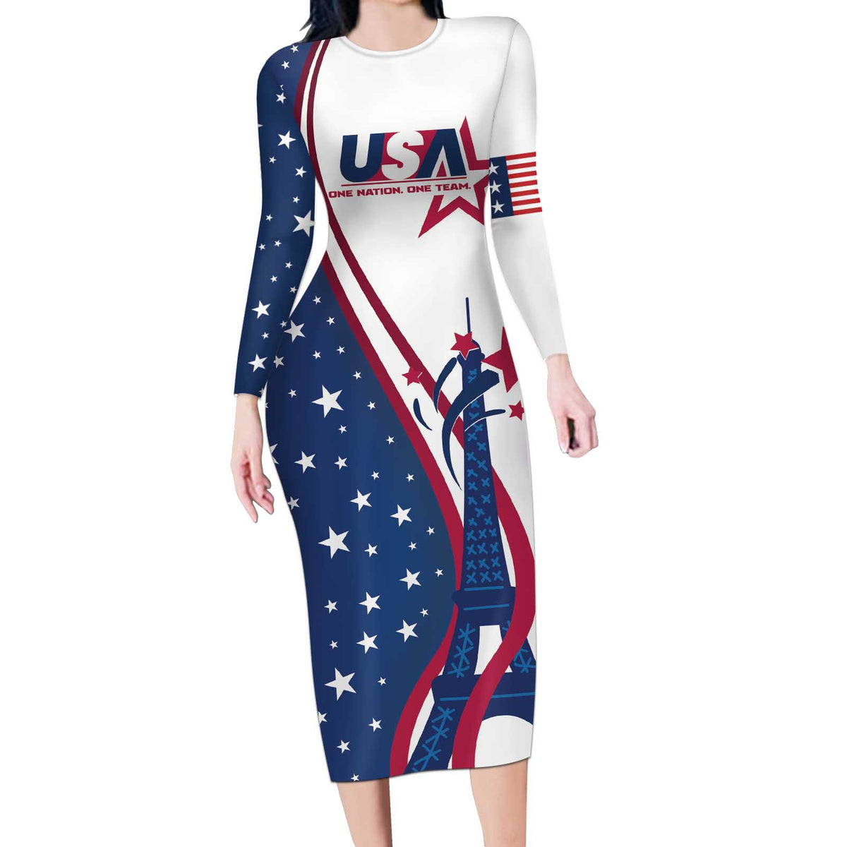 Custom USA Eiffel Tower Long Sleeve Bodycon Dress One Nation One Team - Wonder Print Shop