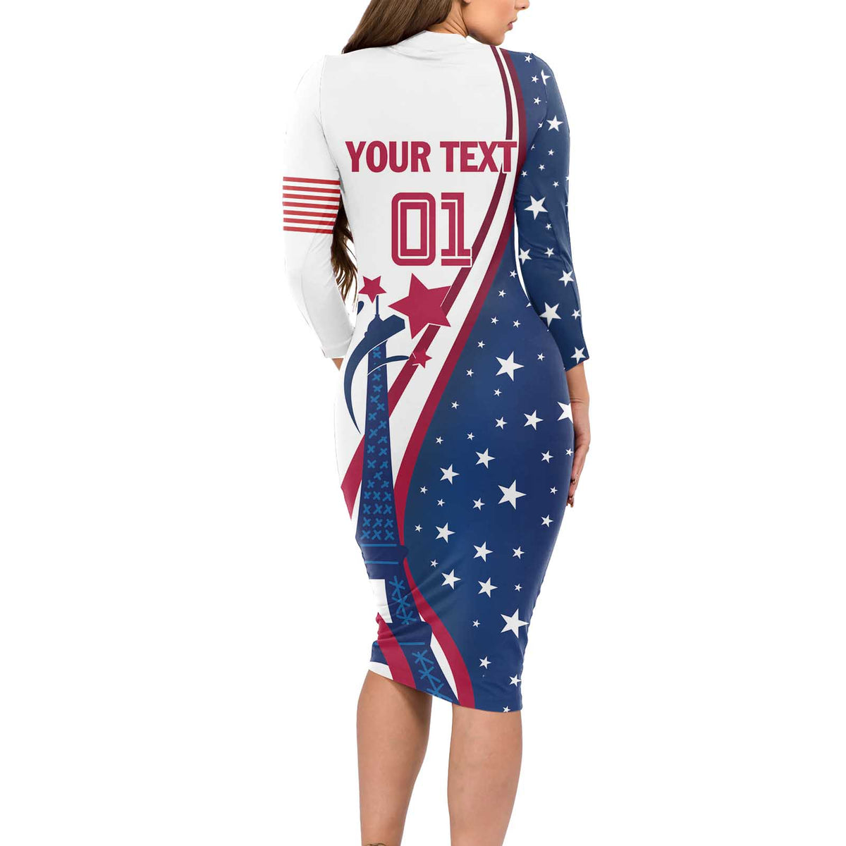 Custom USA Eiffel Tower Long Sleeve Bodycon Dress One Nation One Team - Wonder Print Shop