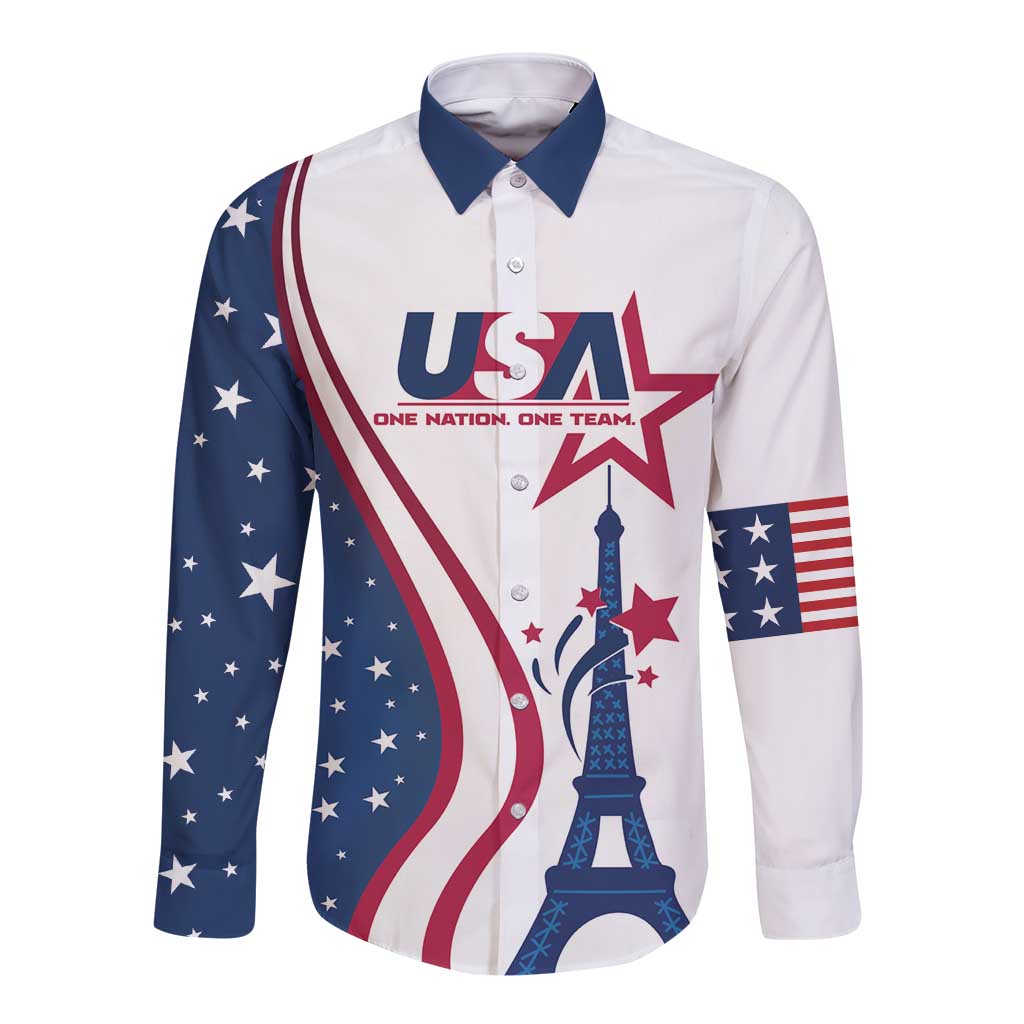 Custom USA Eiffel Tower Long Sleeve Button Shirt One Nation One Team - Wonder Print Shop