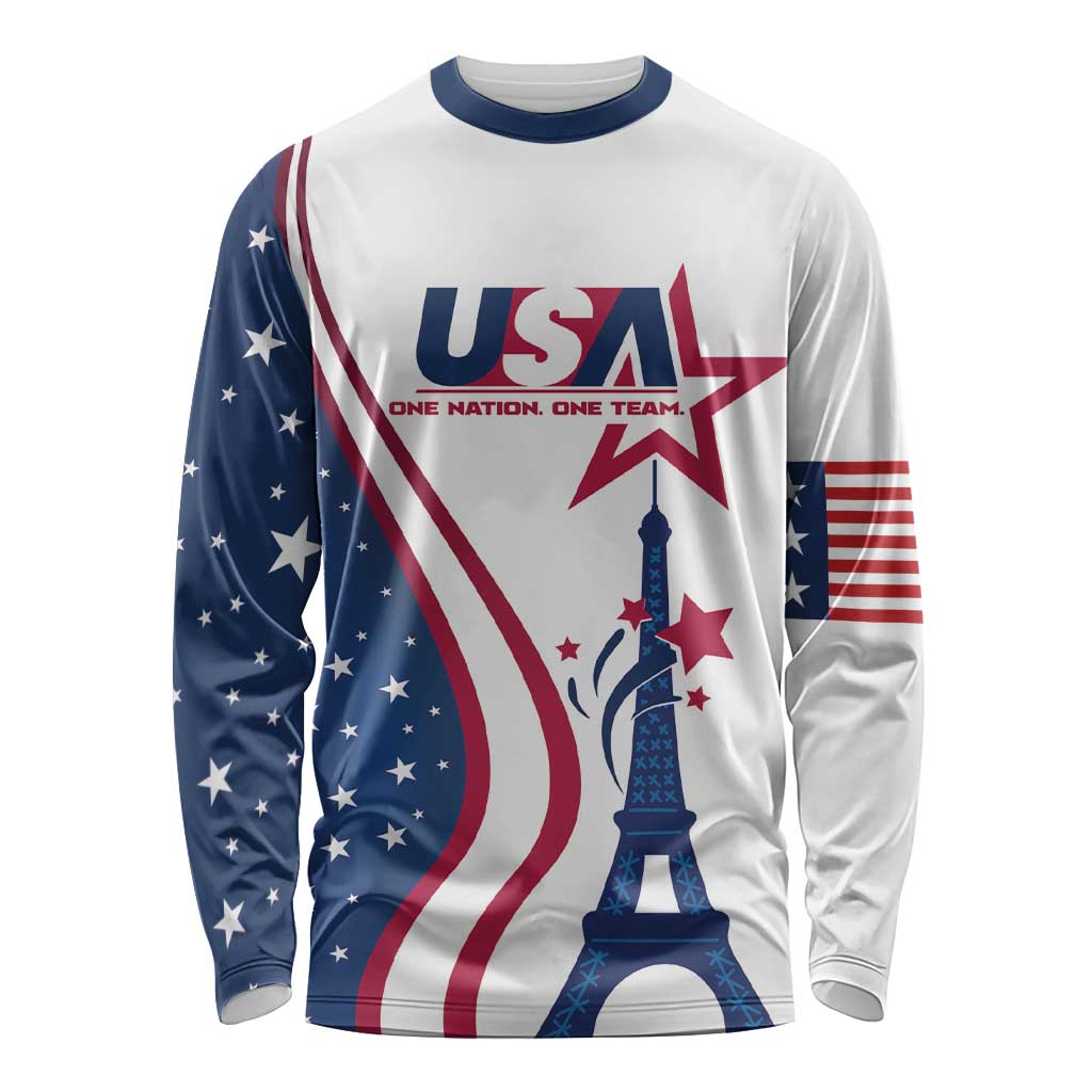 Custom USA Eiffel Tower Long Sleeve Shirt One Nation One Team - Wonder Print Shop