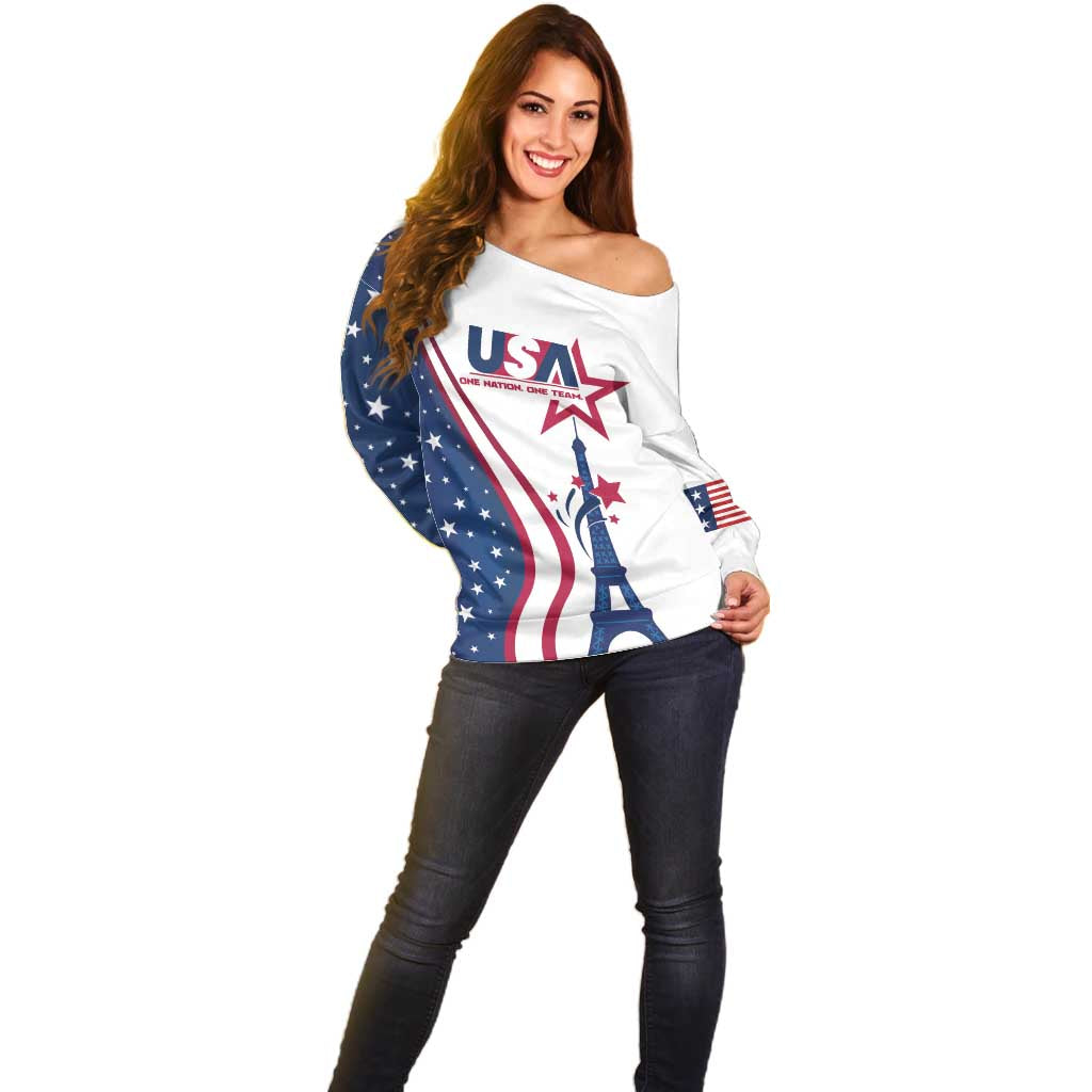 Custom USA Eiffel Tower Off Shoulder Sweater One Nation One Team - Wonder Print Shop