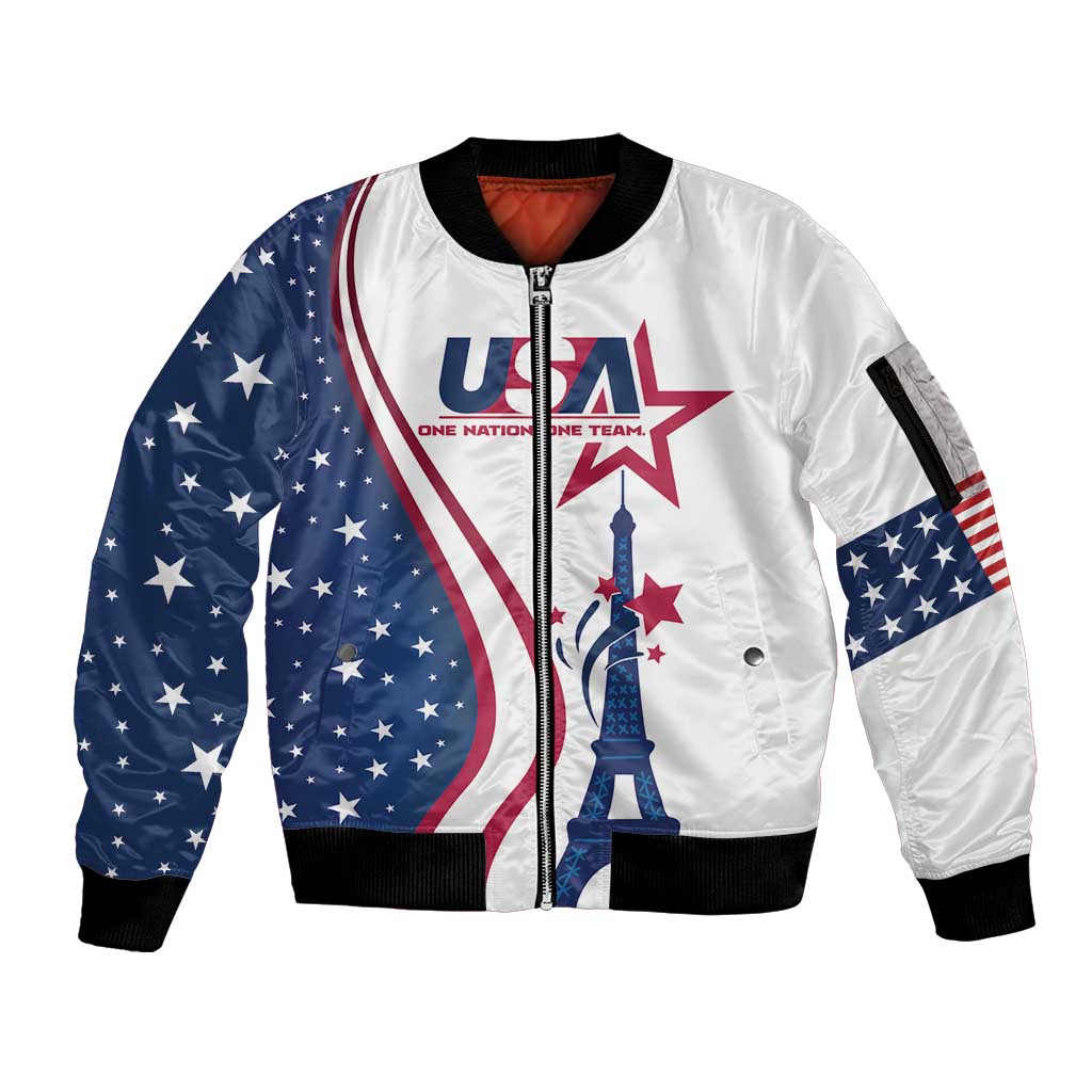 Custom USA Eiffel Tower Sleeve Zip Bomber Jacket One Nation One Team - Wonder Print Shop