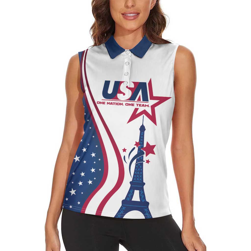Custom USA Eiffel Tower Women Sleeveless Polo Shirt One Nation One Team - Wonder Print Shop